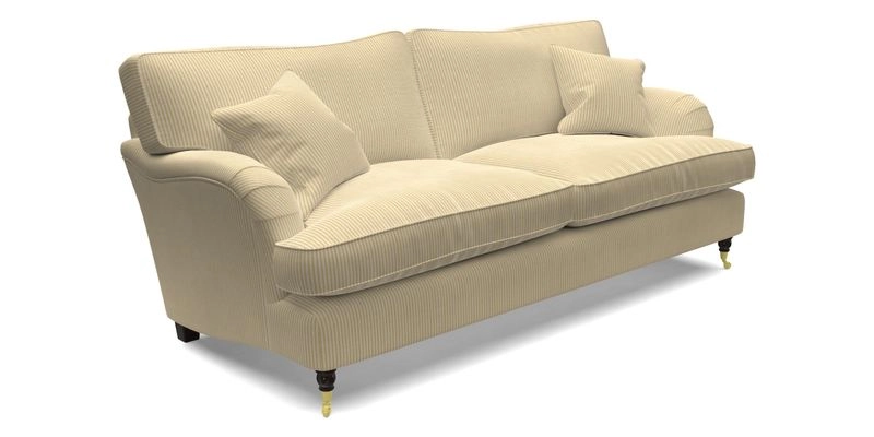 Alwinton 3 seater sofa in Ettas Stripe Moss with bolster cushion in Almost Plain Velvet Harvest