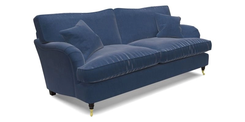 Alwinton 3 seater sofa in Ettas Stripe Moss with bolster cushion in Almost Plain Velvet Harvest