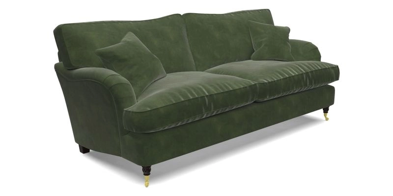 Alwinton 3 seater sofa in Ettas Stripe Moss with bolster cushion in Almost Plain Velvet Harvest