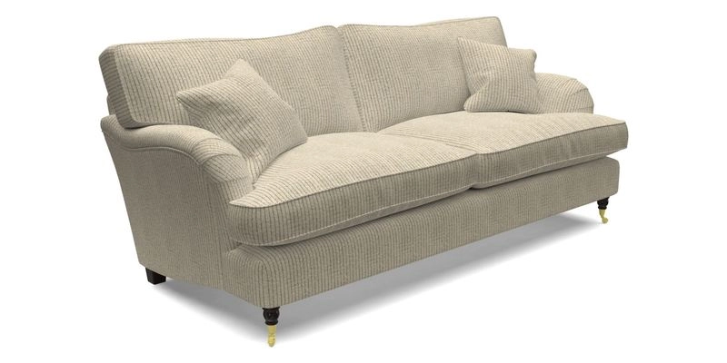 Alwinton 3 seater sofa in Ettas Stripe Moss with bolster cushion in Almost Plain Velvet Harvest