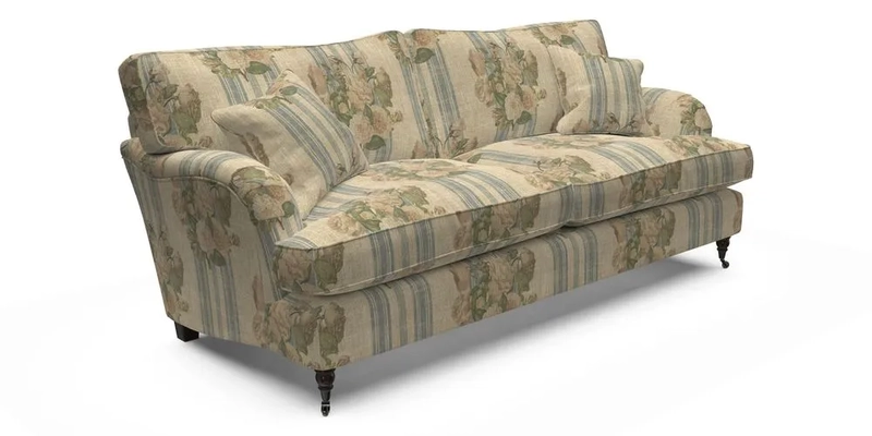 Alwinton 3 seater sofa in Ettas Stripe Moss with bolster cushion in Almost Plain Velvet Harvest