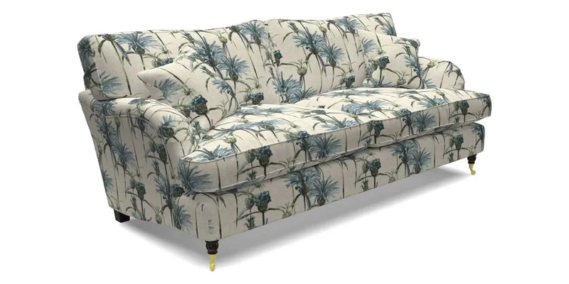 Alwinton 3 seater sofa in Ettas Stripe Moss with bolster cushion in Almost Plain Velvet Harvest