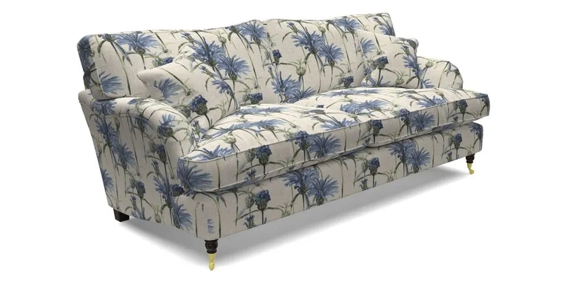 Alwinton 3 seater sofa in Ettas Stripe Moss with bolster cushion in Almost Plain Velvet Harvest