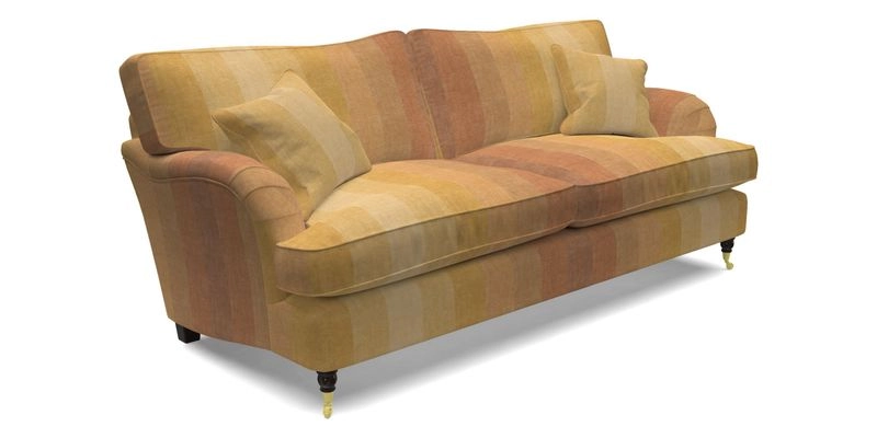 Alwinton 3 seater sofa in Ettas Stripe Moss with bolster cushion in Almost Plain Velvet Harvest