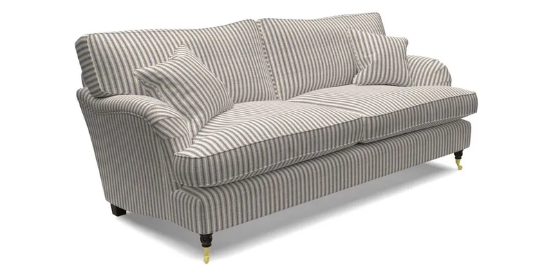 Alwinton 3 seater sofa in Ettas Stripe Moss with bolster cushion in Almost Plain Velvet Harvest