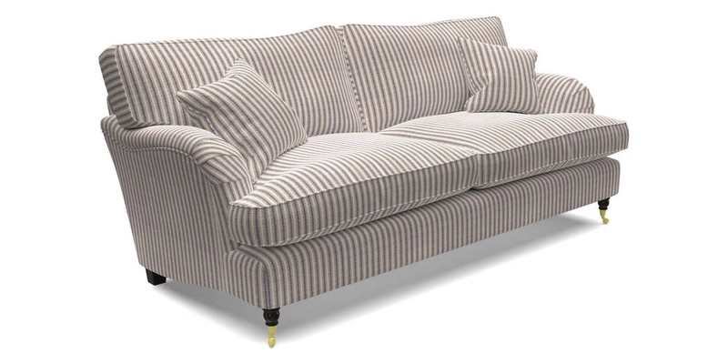 Alwinton 3 seater sofa in Ettas Stripe Moss with bolster cushion in Almost Plain Velvet Harvest