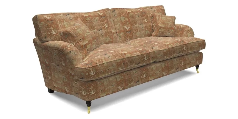Alwinton 3 seater sofa in Ettas Stripe Moss with bolster cushion in Almost Plain Velvet Harvest