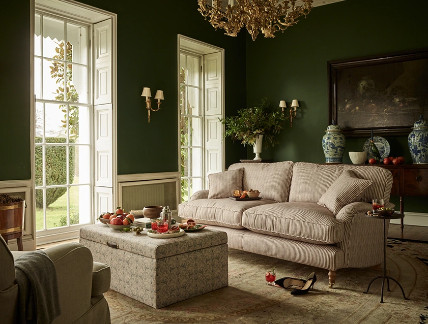 Alwinton 3 seater sofa in Spill Resistant Sussex Stripe Mocha and Birdham footstool in Spill Resistant Gertrude Jekyll Ornamental Duck Egg