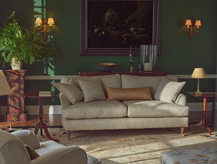 Alwinton 3 seater sofa in Ettas Stripe Moss with scatter in Almost Plain Velvet Harvest