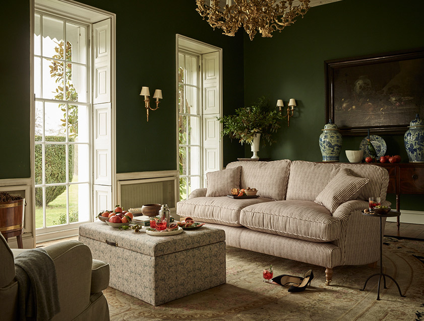 Alwinton 3 seater sofa in Ettas Stripe Moss with bolster cushion in Almost Plain Velvet Harvest