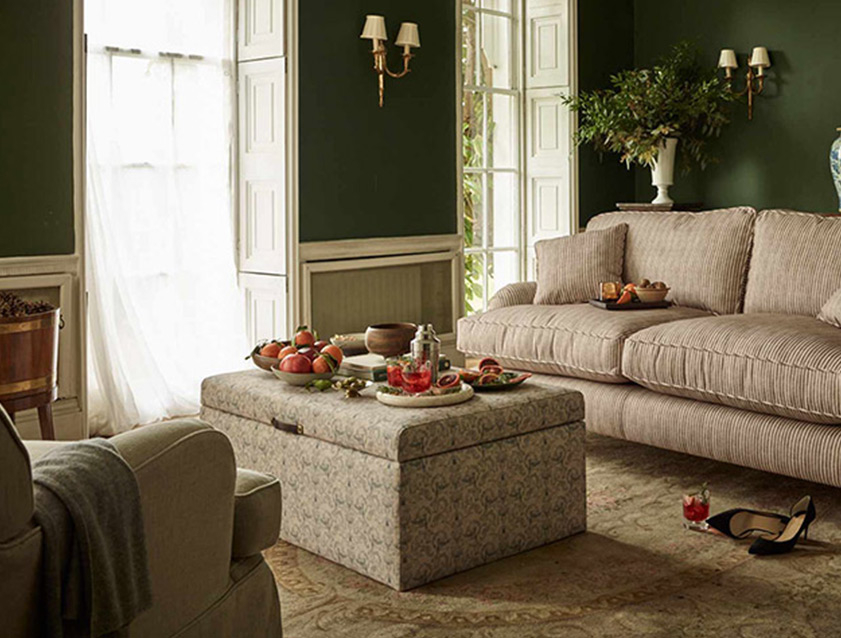 Birdham medium blanket box in Spill Resistant Gertrude Jekyll Ornamental Duck Egg and Alwinton 3 seater sofa in Spill Resistant Sussex Stripe Mocha