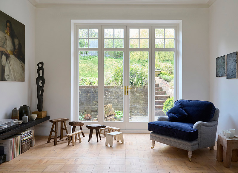 Coates Chair in RHS Gertrude Jekyll Lattice Blue with Seat and Back Cushions in Mohair Indigo