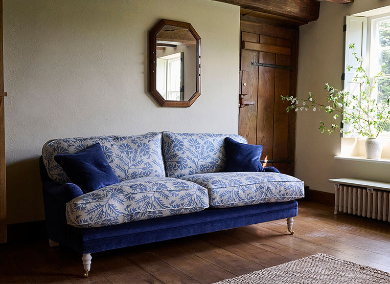Coates 3 Seater Sofa in Mohair Velvet Indigo with Seat and Back Cushions in Gertrude Jekyll Meadow Flower Blue