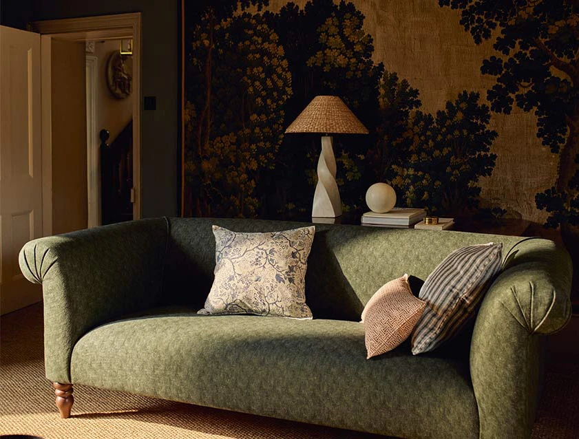 Exbury 3 seater sofa in Padua Pavement Forest scatter in Gertrude Jekyll Velvet Ink