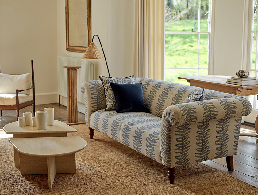 Exbury 3 seater sofa in Padua Pavement Forest with scatters in Gertrude Jekyll Velvet Ink