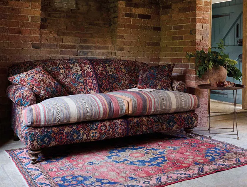 Hampton 3 Seater Sofa in Ralph Lauren Main Lodge Rug Jewel and Ralph Lauren New Blue Mesa Stripe Clay
