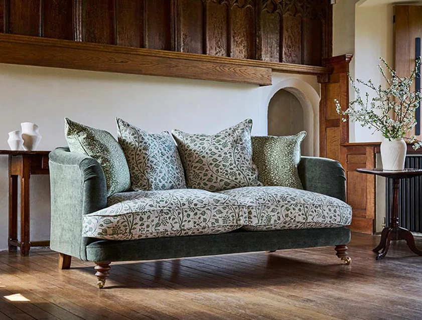 Helmsley 3 seater sofa in Mohair Fir with Seat and Back cushions in Trailing Vine Olive and Small Trailing Vine Olive