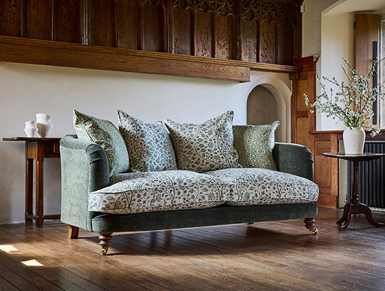 Helmsley 3 Seater Sofa in Mohair Velvet Fir Green with Seat and Back Cushions in RHS Collection Trailing Vine Olive and Small Trailing Ivy Olive