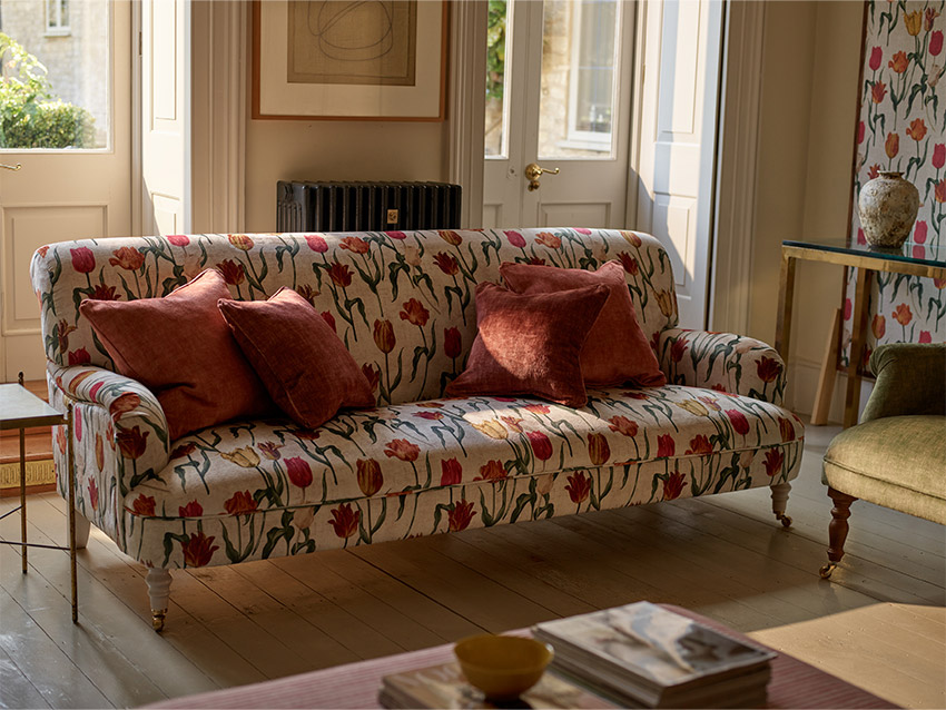 Holmfirth 3 Seater Seater Sofa in RHS Collection on Velvet Pieter van Kouwenhoorn Tulips with scatters in Almost Plain Velvet Maple and Brick