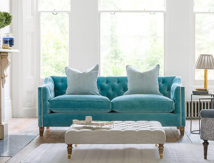 Haresfield 3 Seater Sofa in Linwood Omega Velvet Omega Airforce with Contrasting Piping