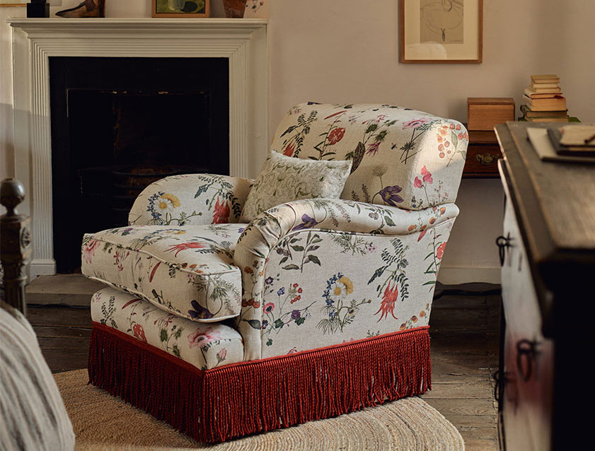 Kentwell Chair in Caroline Maria Applebee Collage Wildflowers with fringe in Sophie Bullion Currant