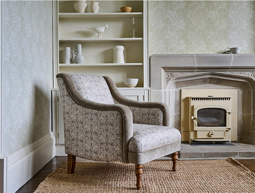 Rothermere Chair in RHS Gertrude Jekyll Ornamental Brown with Arms and Front Border in Mohair Velvet Mushroom