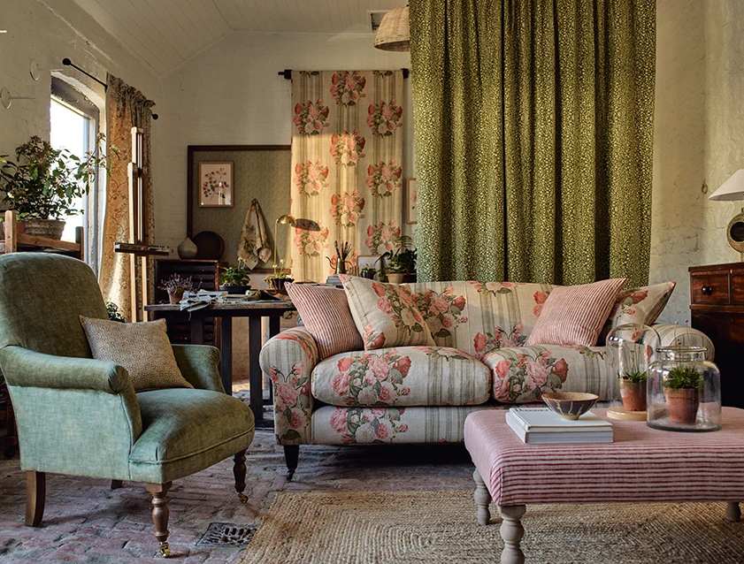 Walberswick 3 Seater Sofa in Etta's Bouquet Sunset Moss with scatters in Sussex Stripe Brick and Snape Chair in Almost Plain Velvet Spring