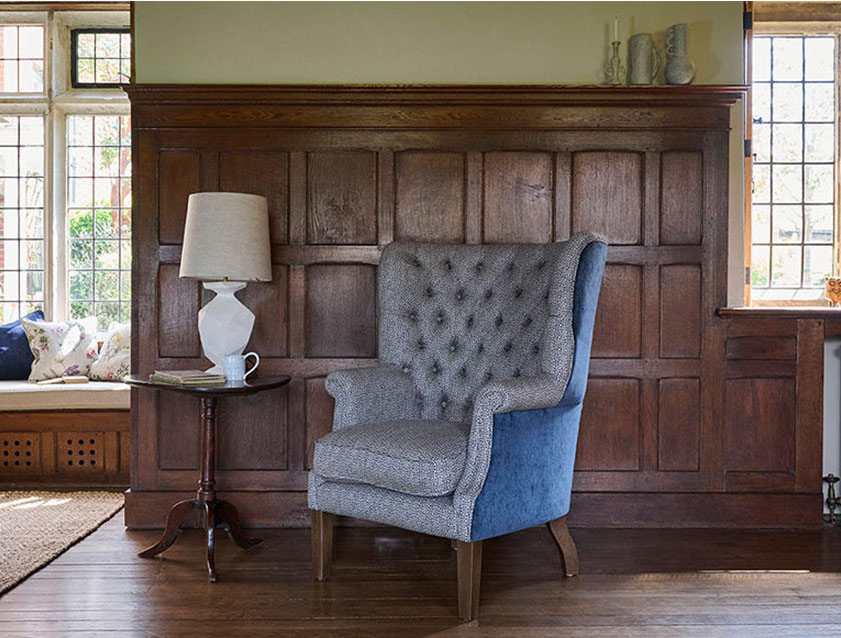 Whitewell Chair in RHS Collection Gertrude Jekyll Lattice Navy with Seat Back and Arms in Mohair Velvet Petrol