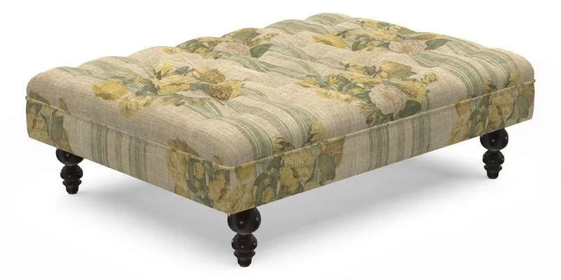 Bedham Footstool in RHS Gertrude Jekyll Lattice Green Alwinton 3 Seater Sofa in RHS Collection on Velvet William Hooker