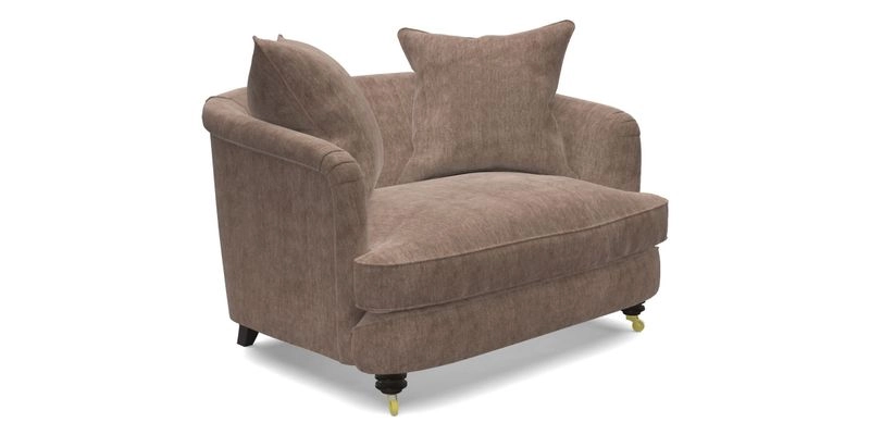 Helmsley Snuggler in V&A Threads of India Opulent Velvets Forest Creatures Hunter piping in Swiss Velvet Olive and scatter in Stockport Stripe Flame
