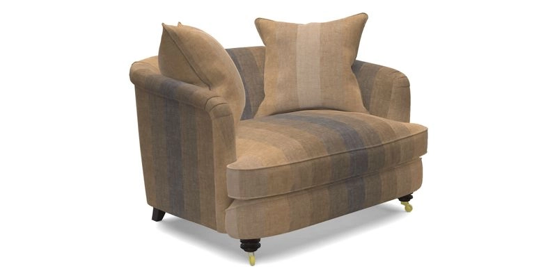Helmsley Snuggler in V&A Threads of India Opulent Velvets Forest Creatures Hunter piping in Swiss Velvet Olive and scatter in Stockport Stripe Flame