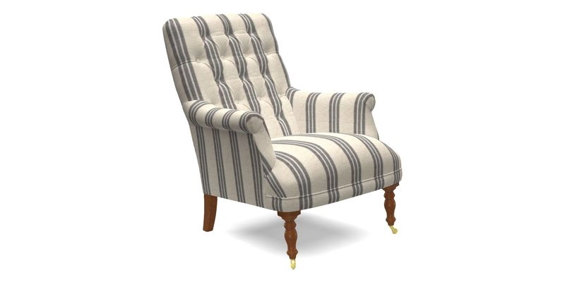 Snape Button Back chair in Spill Resistant V&A Bird & Rabbit Dark Green and Cube footstool in Spill Resistant RHS Etta's Stripe Ink