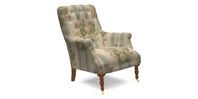 Snape Button Back chair in Spill Resistant V&A Bird & Rabbit Dark Green and Cube footstool in Spill Resistant RHS Etta's Stripe Ink