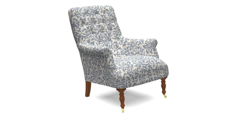 Snape Button Back chair in Spill Resistant V&A Bird & Rabbit Dark Green and Cube footstool in Spill Resistant RHS Etta's Stripe Ink