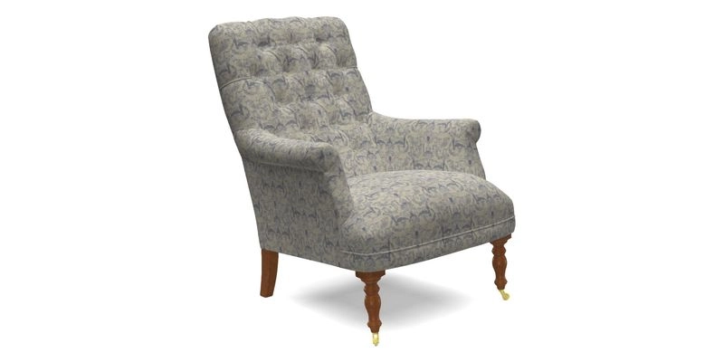 Snape Button Back chair in Spill Resistant V&A Bird & Rabbit Dark Green and Cube footstool in Spill Resistant RHS Etta's Stripe Ink