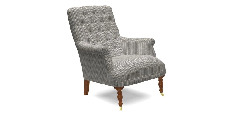Snape Button Back chair in Spill Resistant V&A Bird & Rabbit Dark Green and Cube footstool in Spill Resistant RHS Etta's Stripe Ink