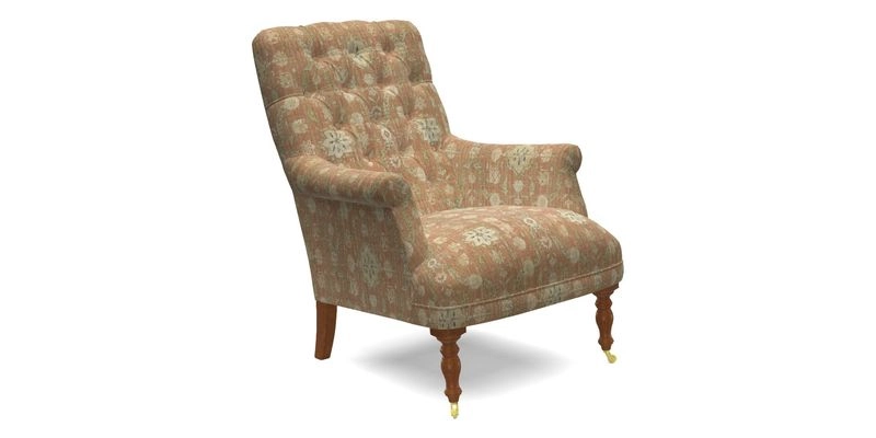 Snape Button Back chair in Spill Resistant V&A Bird & Rabbit Dark Green and Cube footstool in Spill Resistant RHS Etta's Stripe Ink