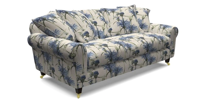 Walberswick 3 Seater Sofa in Etta's Bouquet Sunset Moss with scatters in Sussex Stripe Brick and Snape Chair in Almost Plain Velvet Spring